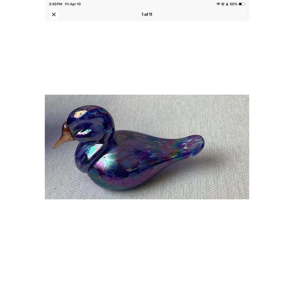 Vines Art Glass Duck Figurine Paper Weight Signed MSH ASH Iridescent 88
